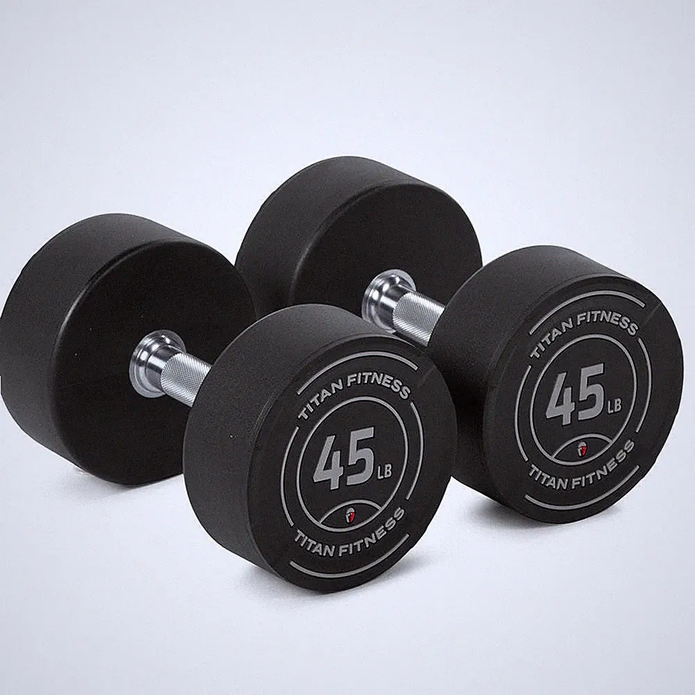 Titan Fitness 45 LB Set Round Urethane Dumbbells, 32mm Medium Volcano Knurling