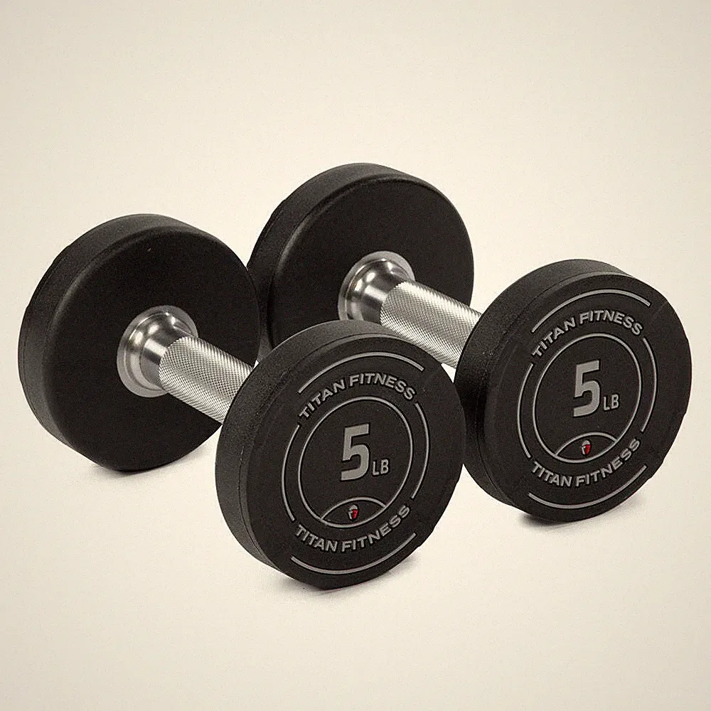 Titan Fitness 5 LB Set Round Urethane Dumbbells, 32mm Medium Volcano Knurling
