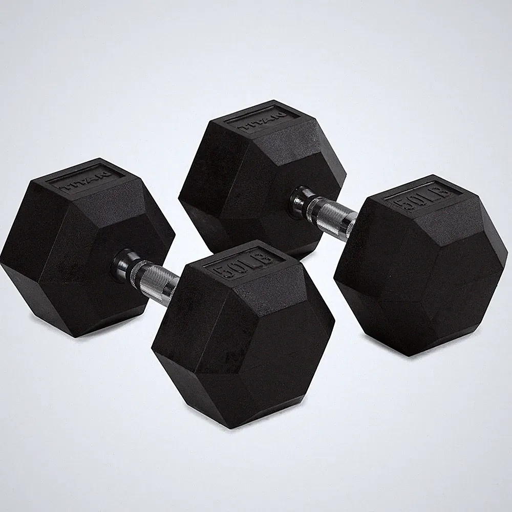 Titan Fitness 50 LB Pair Free Weights, Black Rubber Coated Hex Dumbbell