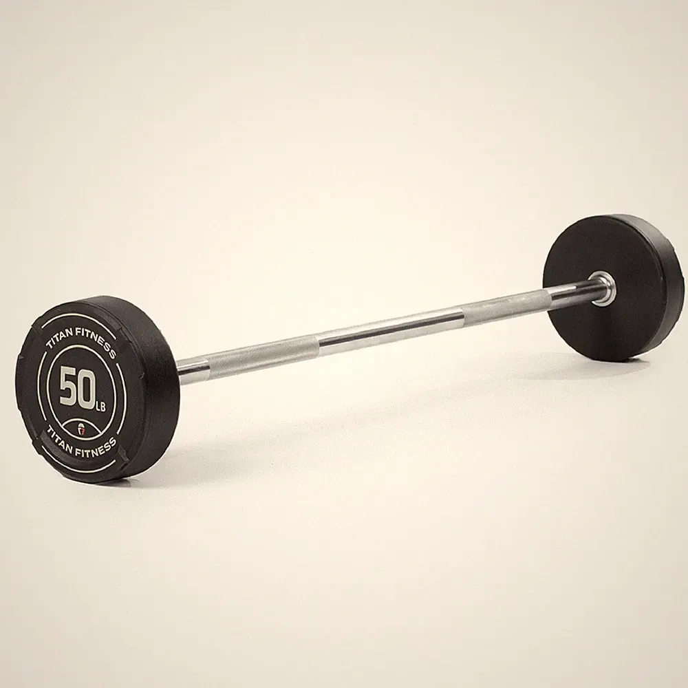 Titan Fitness 50 LB Rubber Straight Fixed Barbell, Pre-Loaded Weight Bar