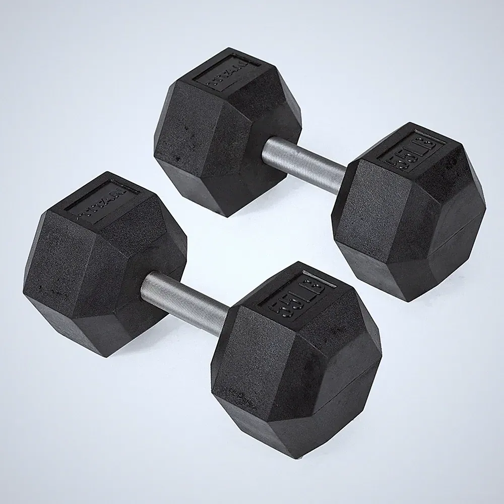 Titan Fitness 55 LB Pair Free Weights, Black Rubber Coated Hex Dumbbell, Straigh