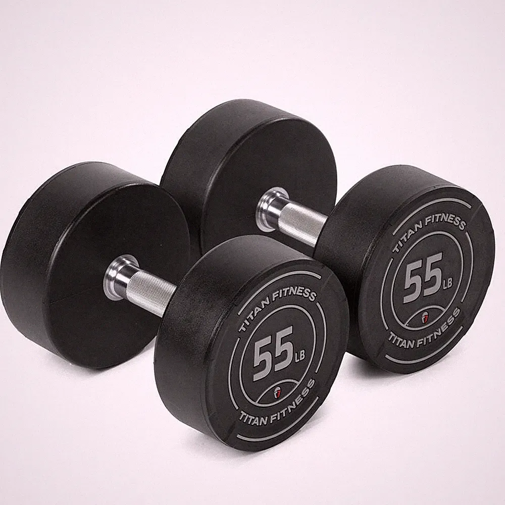 Titan Fitness 55 LB Set Round Urethane Dumbbells, 33mm Medium Volcano Knurling