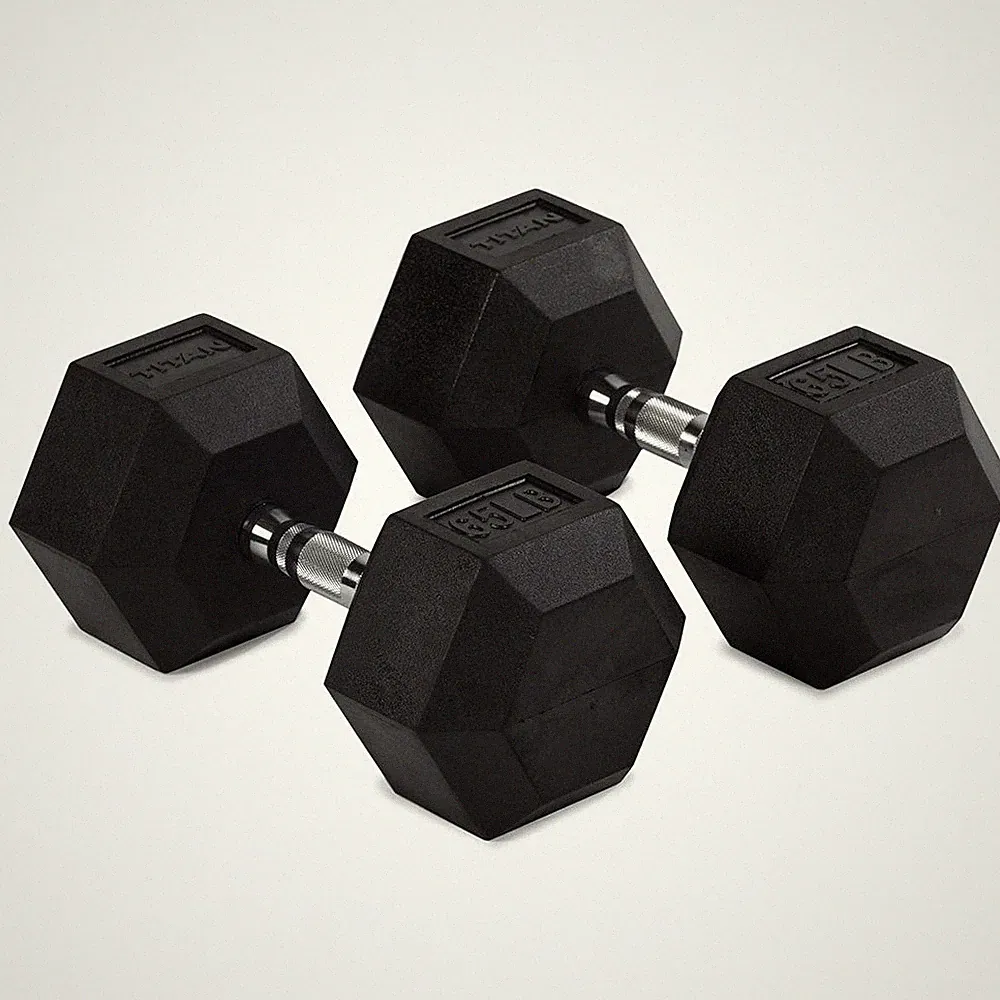Titan Fitness 65 LB Pair Free Weights, Black Rubber Coated Hex Dumbbell