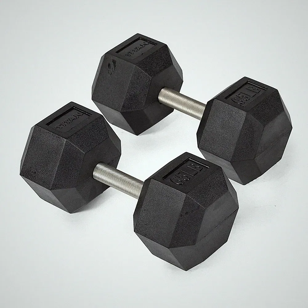 Titan Fitness 65 LB Pair Free Weights, Black Rubber Coated Hex Dumbbell, Straigh