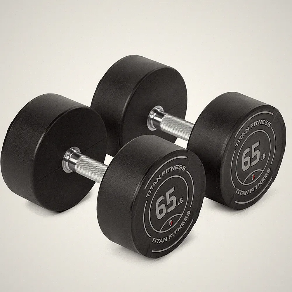 Titan Fitness 65 LB Set Round Urethane Dumbbells, 33mm Medium Volcano Knurling