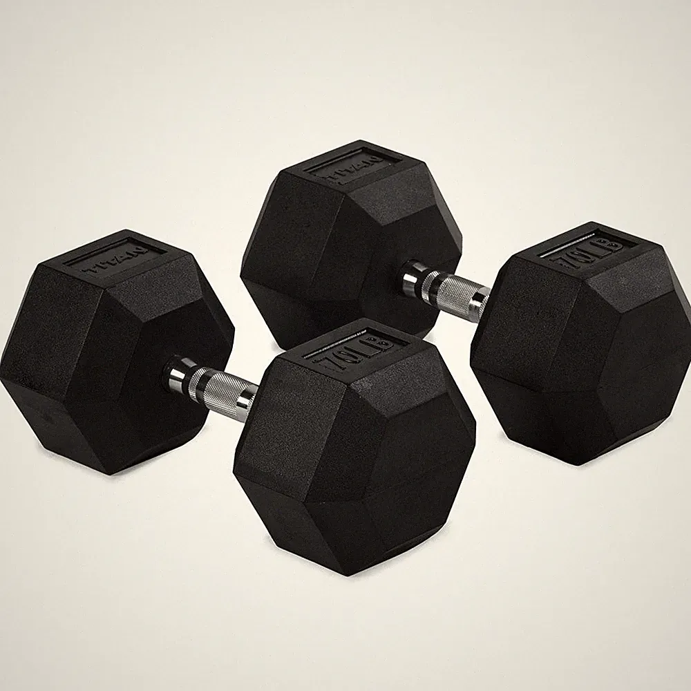 Titan Fitness 70 LB Pair Free Weights, Black Rubber Coated Hex Dumbbell