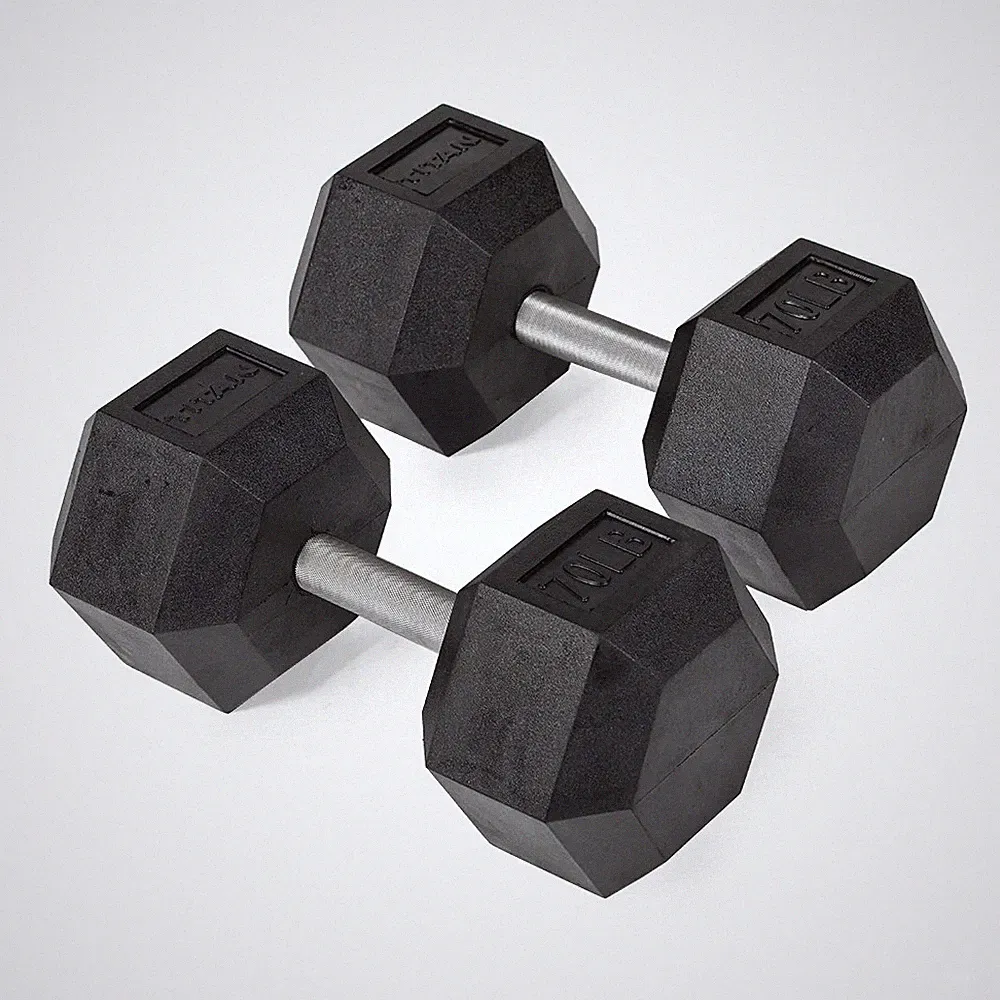 Titan Fitness 70 LB Pair Free Weights, Black Rubber Coated Hex Dumbbell, Straigh
