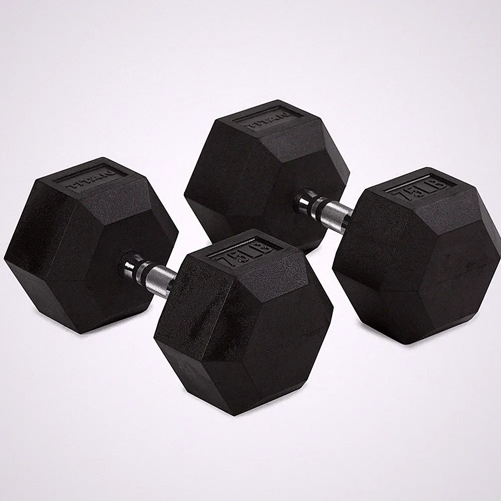 Titan Fitness 75 LB Pair Free Weights, Black Rubber Coated Hex Dumbbell