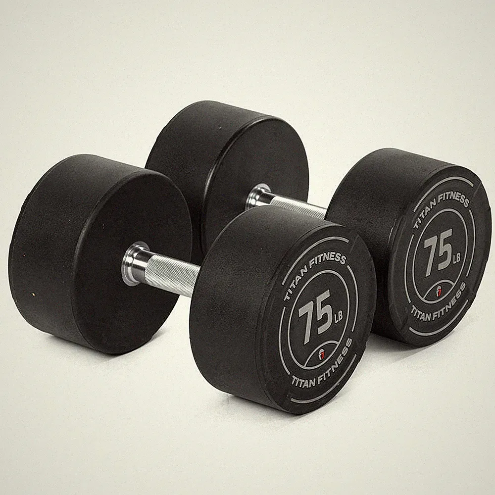 Titan Fitness 75 LB Set Round Urethane Dumbbells, 33mm Medium Volcano Knurling