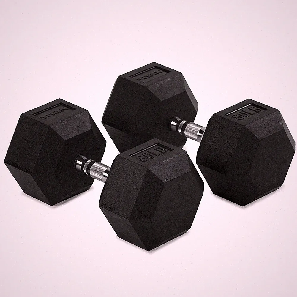 Titan Fitness 80 LB Pair Free Weights, Black Rubber Coated Hex Dumbbell