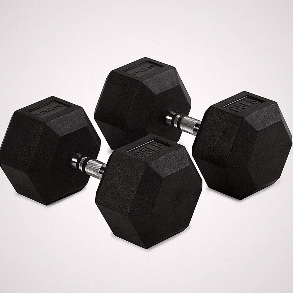 Titan Fitness 85 LB Pair Free Weights, Black Rubber Coated Hex Dumbbell