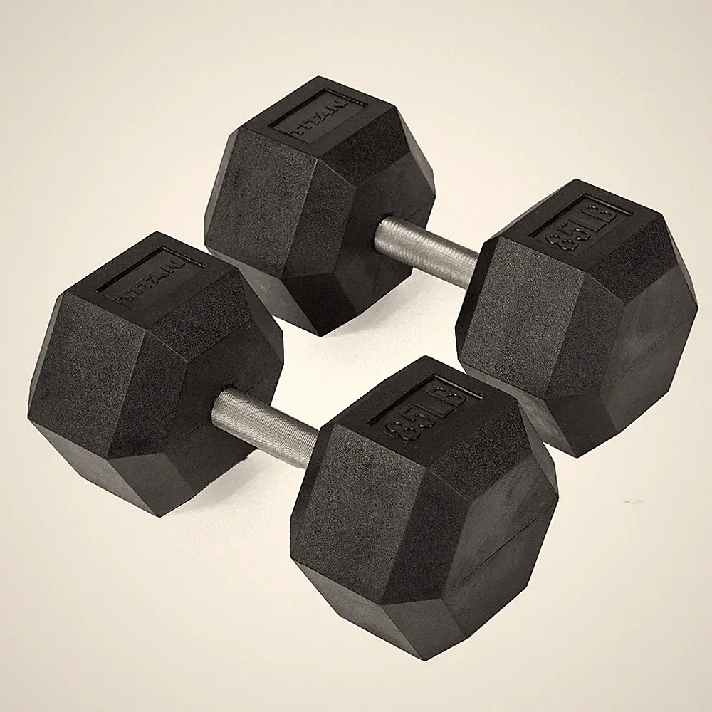 Titan Fitness 85 LB Pair Free Weights, Black Rubber Coated Hex Dumbbell, Straigh