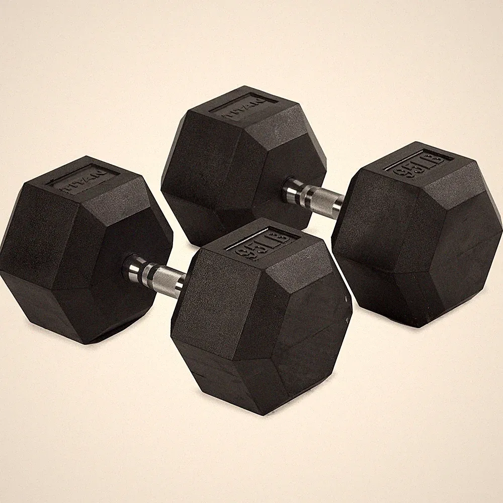 Titan Fitness 95 LB Pair Free Weights, Black Rubber Coated Hex Dumbbell