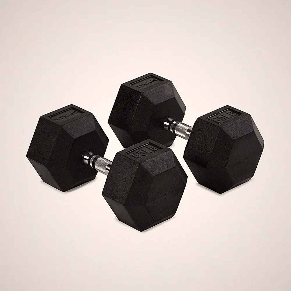 Titan Fitness Pair Rubber Coated Hex Dumbbells, Roll-Resistant Hexagonal Free...