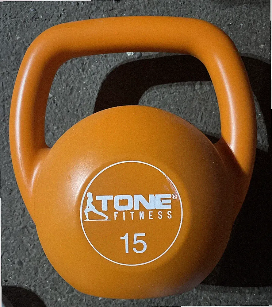 Tone Fitness 15 Pound Kettlebell Orange Cement Filled Comfortable Grip CrossFit