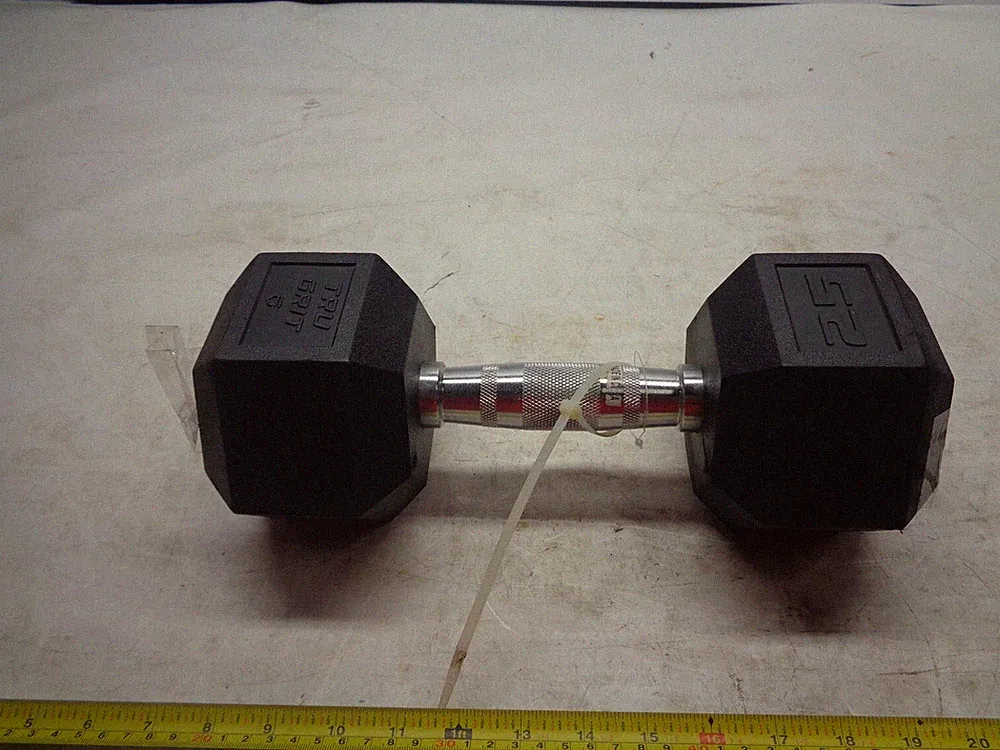 Tru Grit Fitness 25LB Black Rubber Welded Metal Hex Dumbbell Weight