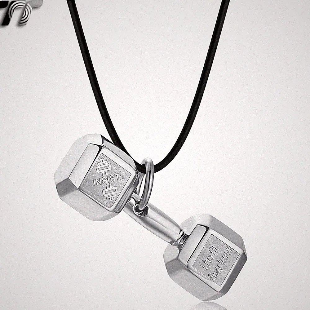 TT 316L Stainless Steel Dumbbell Pendant Necklace Silver/Blcak (NP390) NEW