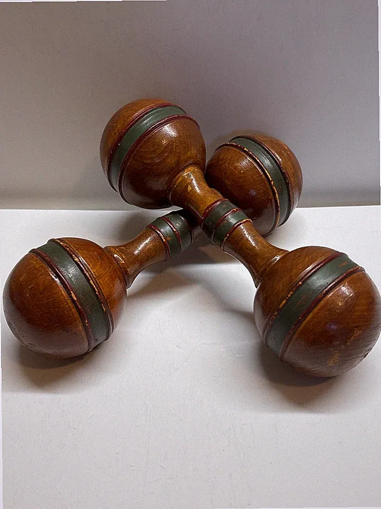 Turned Wood Dumbbells Pair 1/4 Pound Each Green Painted Stripes Red Trim 30s/40s