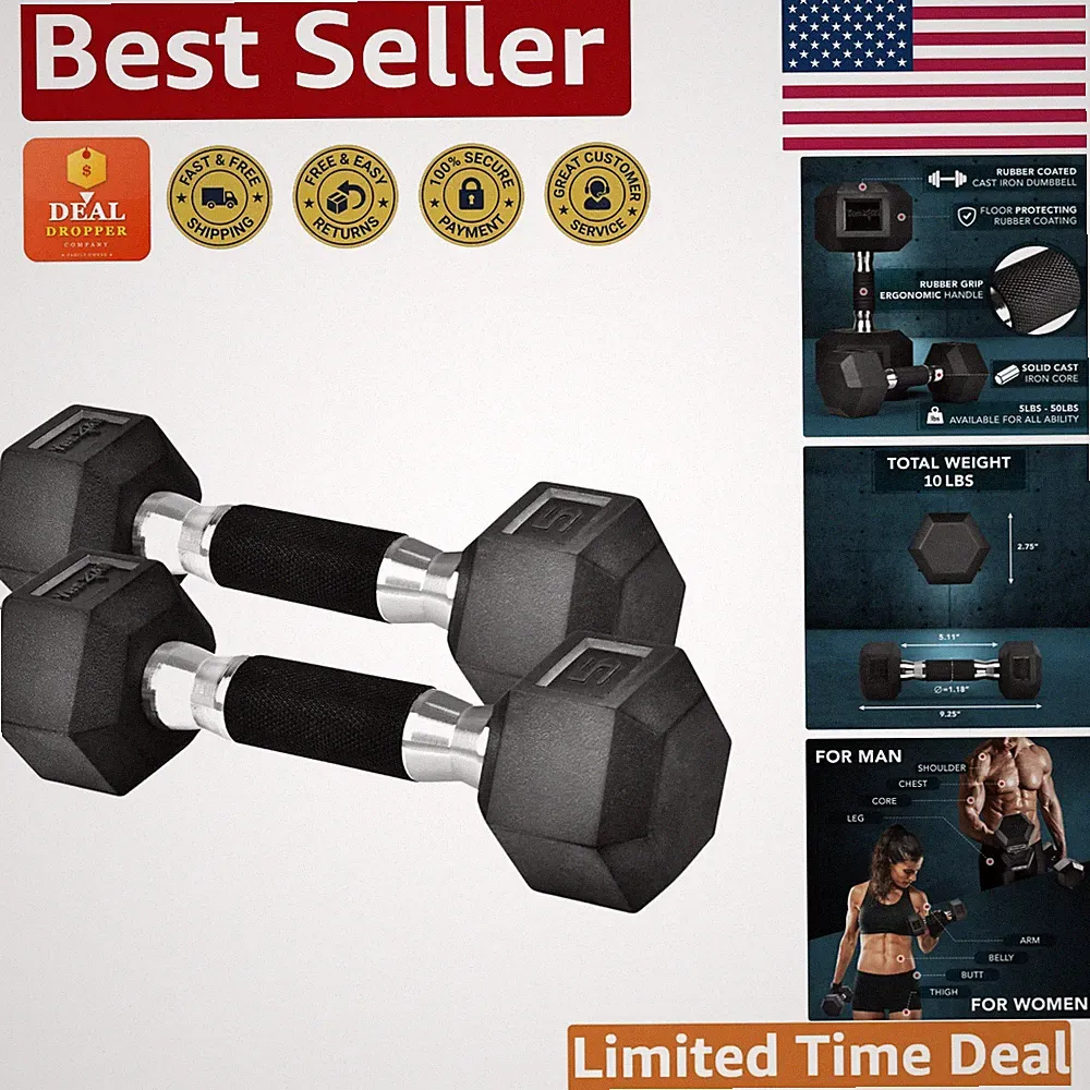 Unbreakable Rubber Encased Dumbbells - Hex Design 5-50 LBS Pair Set for Strength
