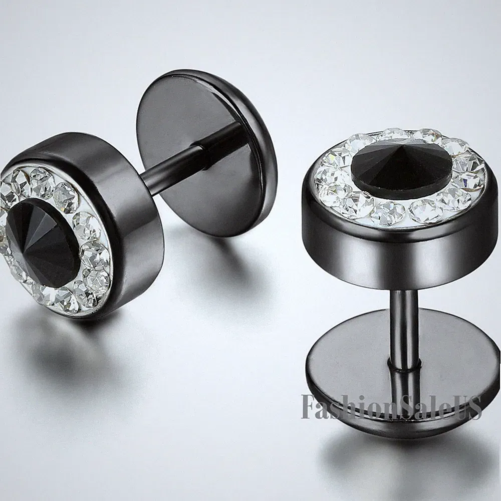 Unisex Stainless Steel Round Dumbbell Rhinestone Screw Back Ear Studs Earrings