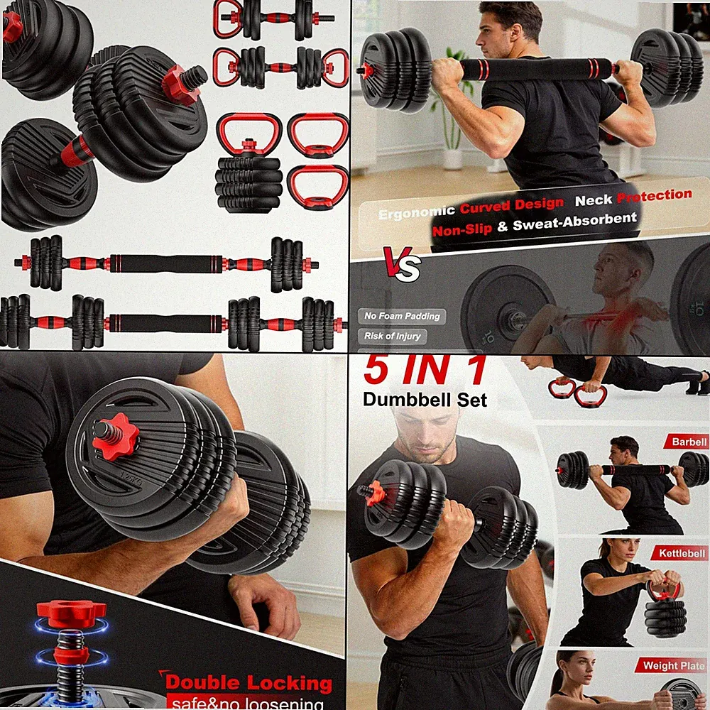 UNNMIIY 5-in-1 Adjustable Dumbbells Barbell Kettlebell Set Home Gym Weight 90lb