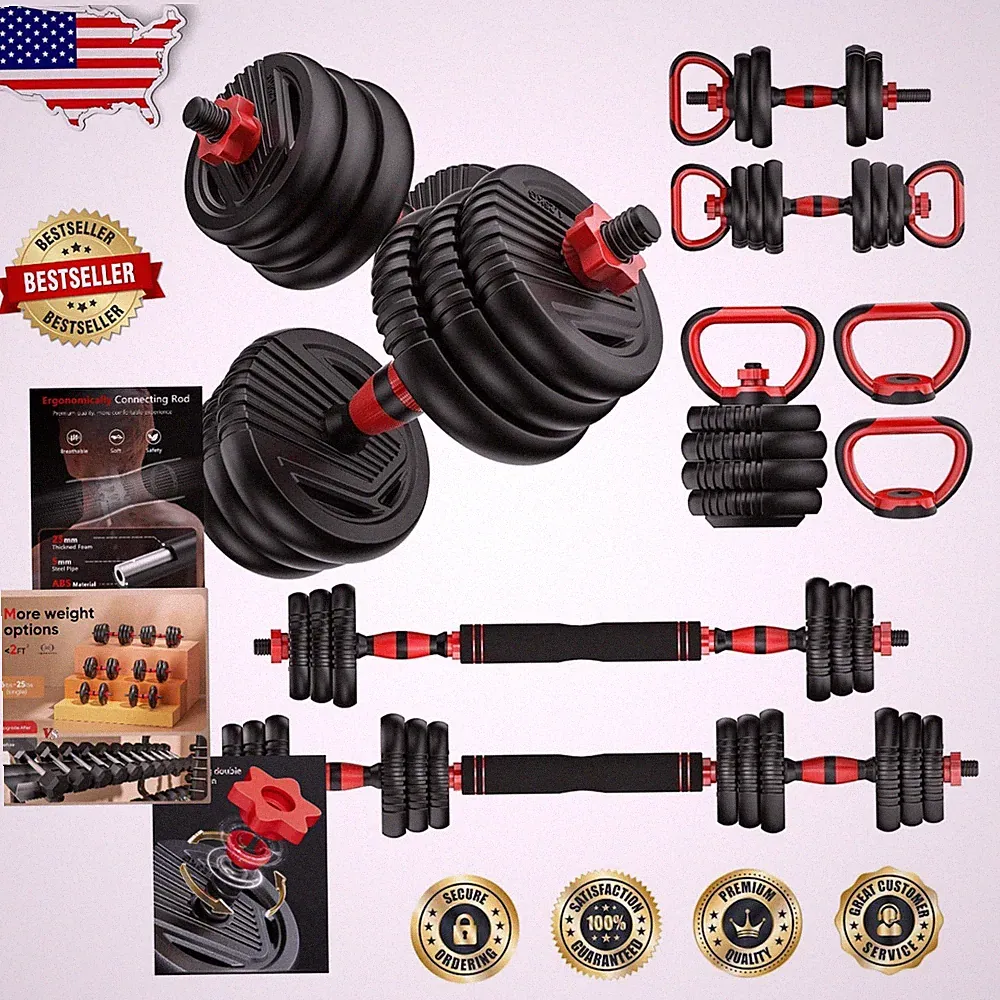 Unnmiiy Adjustable Dumbbells 5-in-1 Set Red Steel Barbell Kettlebell Home Gym