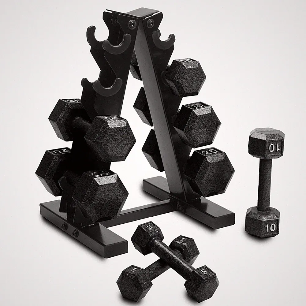US Cap Barbell 100 lb Cast Iron Hex Dumbbell Weight Set with Rack, Black