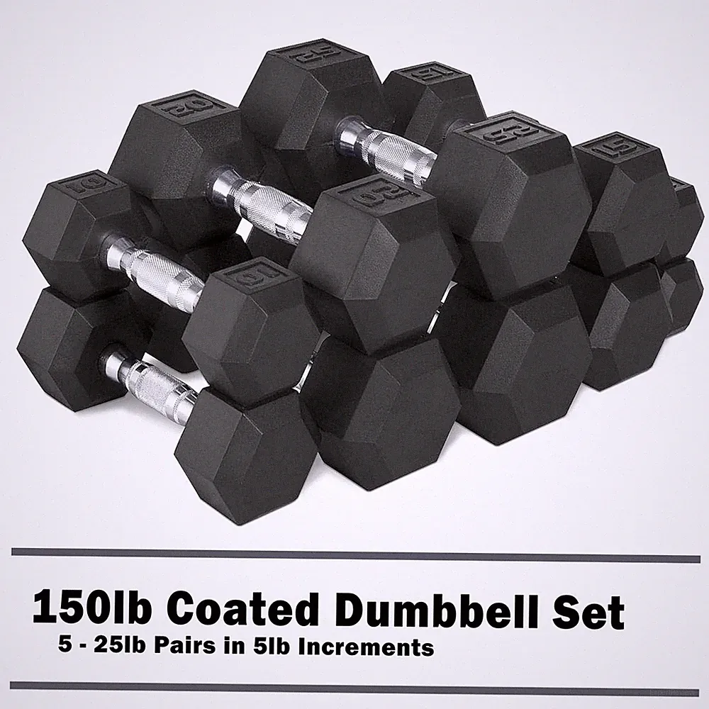 [US WAREHOUSE]150lb Rubber Hex Dumbbell Complete Set Commercial Home Gym Weights