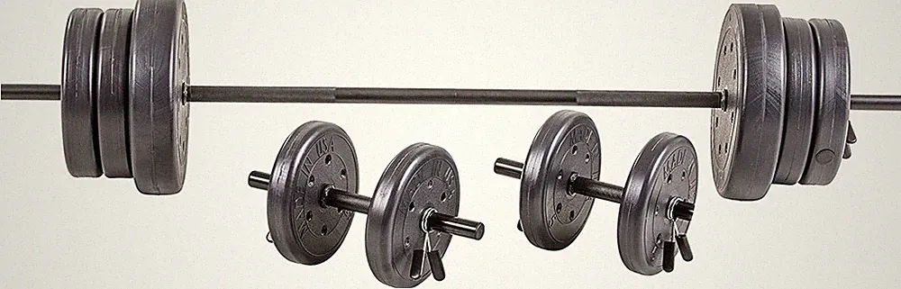 US Weight 105 lb Duracast Barbell Weight Set with two dumbbells and 6ft bar f...