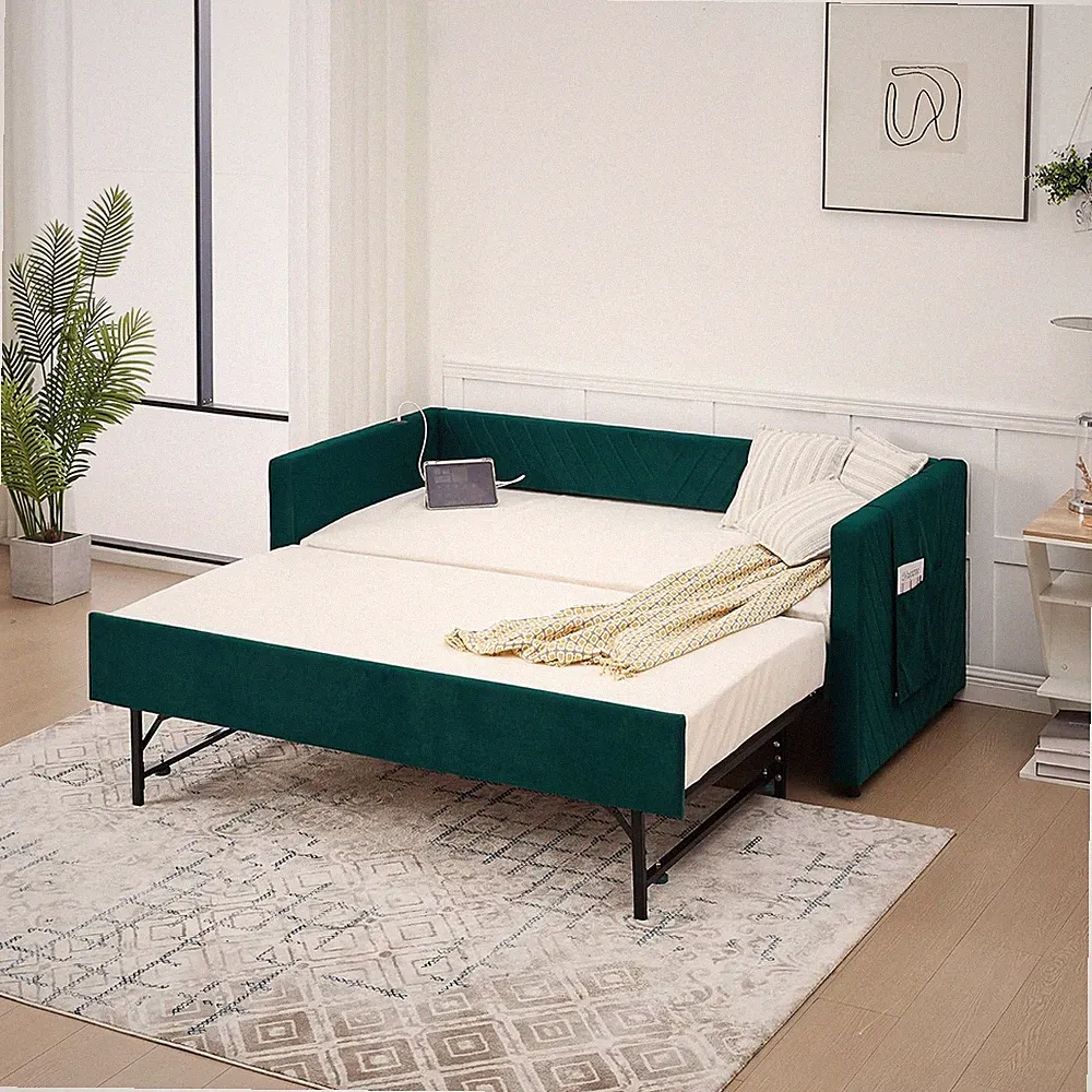 Velvet Daybed with Trundle & USB Ports, Space-Saving Twin Bed Frame