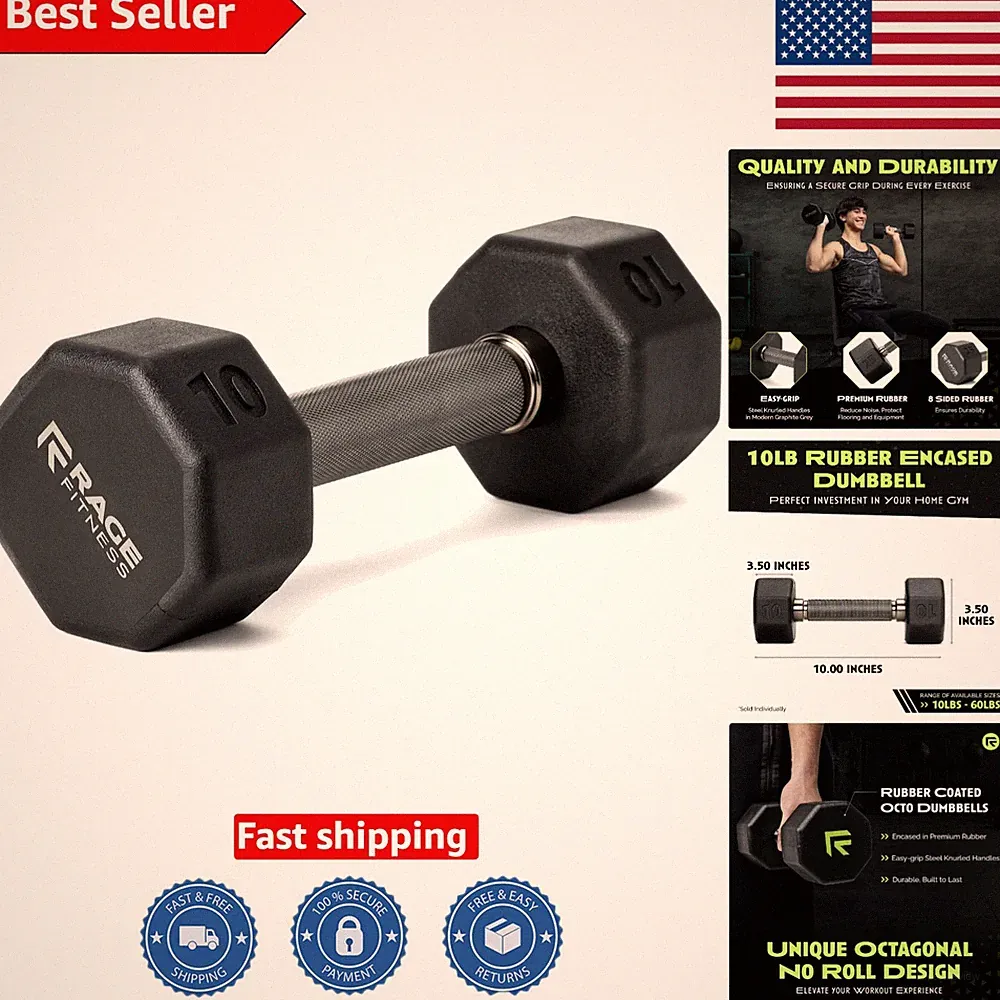 Versatile 10 Lb Rubber Encased Dumbbell - Stylish Octagonal Design for Home Use