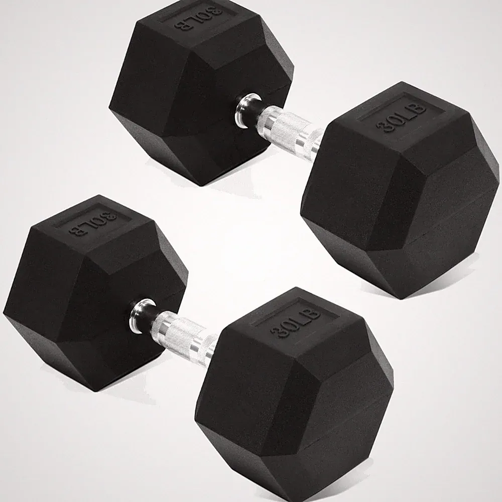 Versatile 30 LB Hex Dumbbells – No-Roll Rubber Coated Hand Weights for Fitness