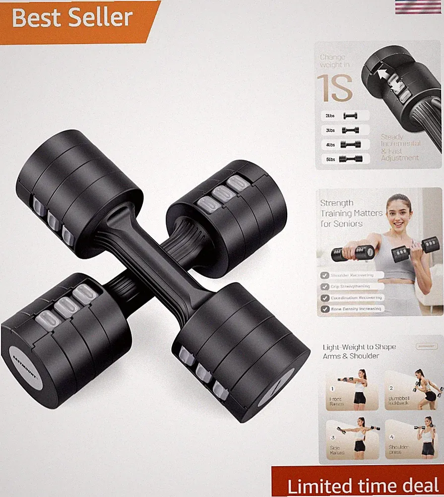 Versatile 6-in-1 Adjustable Dumbbells - Fast Adjust 2-5 lb Hand Weights Pair