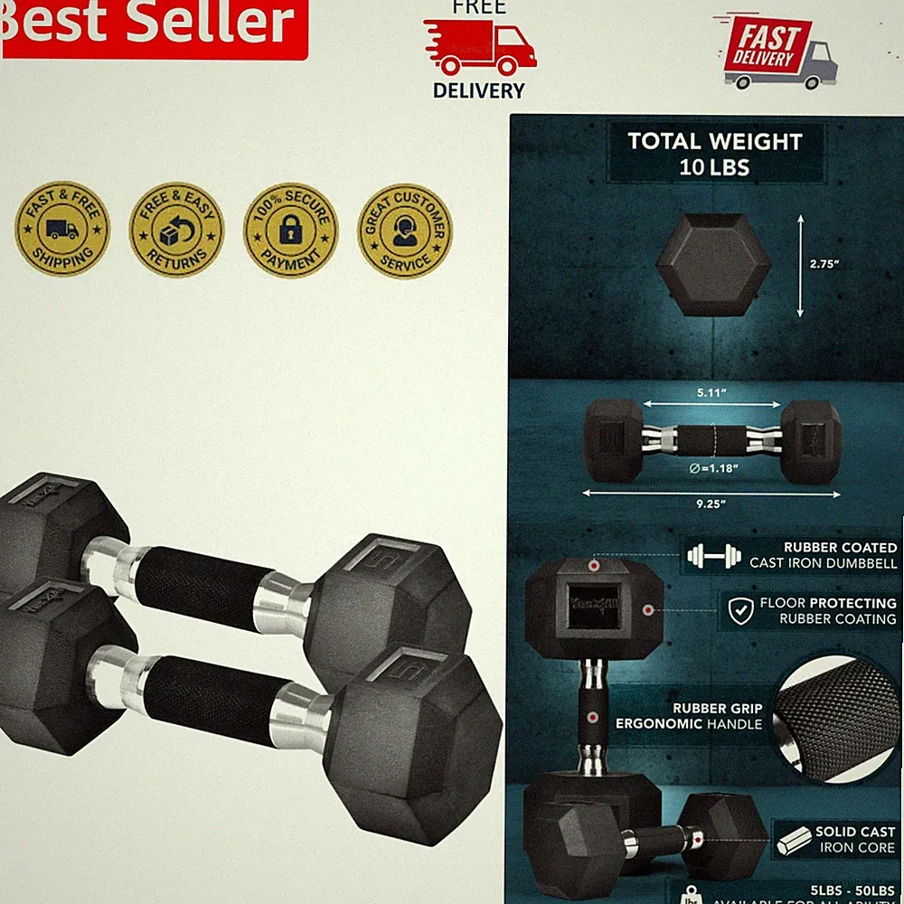 Versatile Hex Dumbbells – Ergonomic Rubber Coated Hand Weights 5-50 LBS