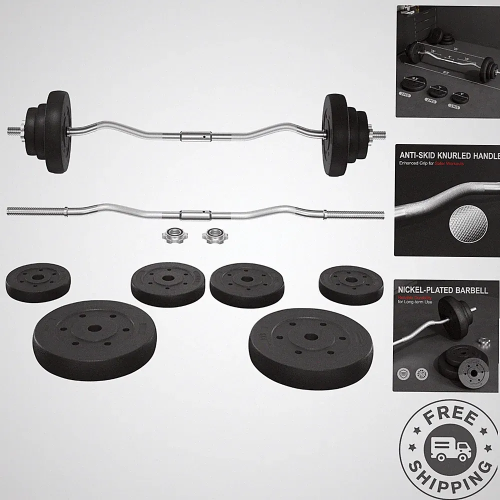 Versatile Nickel-Plated Olympic Curl Bar with Complete Weight Set Up to 66LB