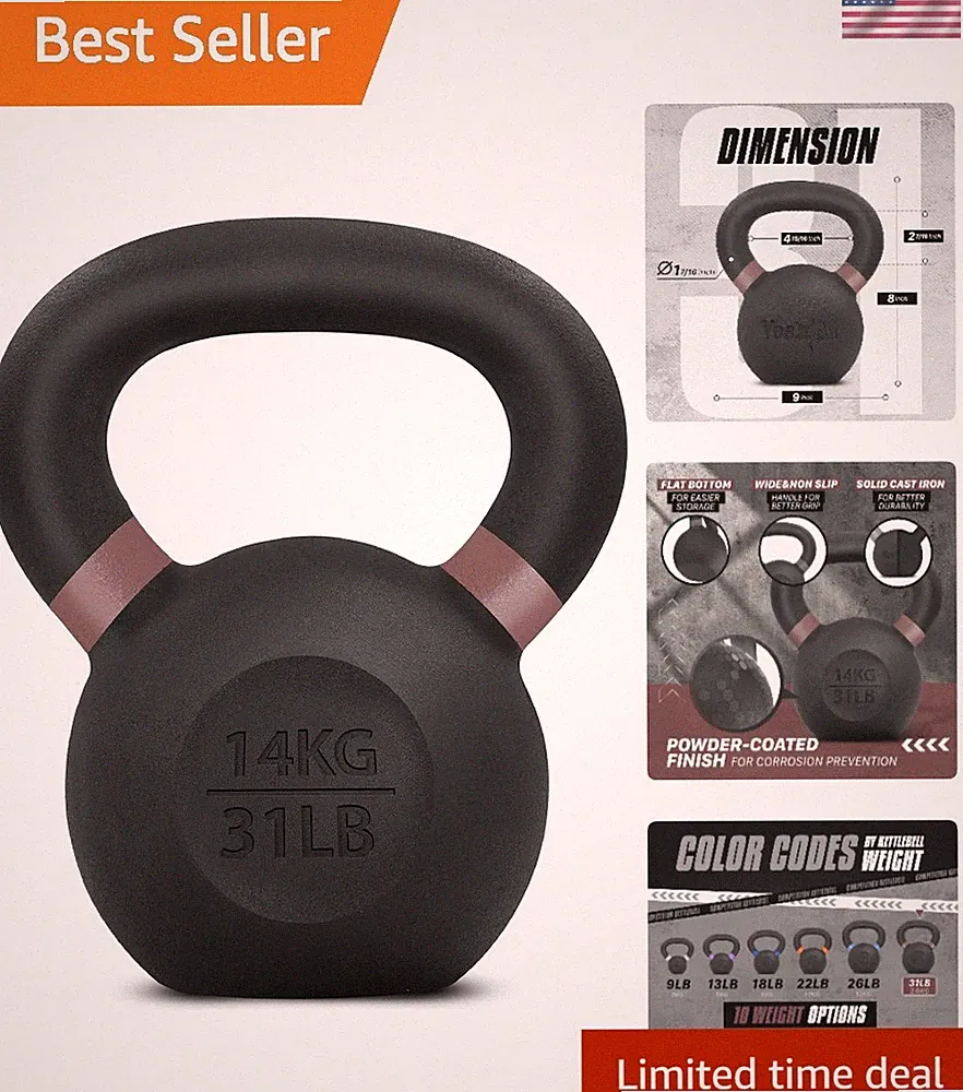 Versatile Powder Coated Kettlebell (9lb-71lb) with Stable Flat Bottom Design