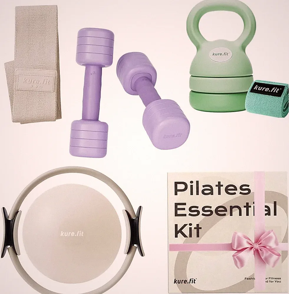 Versatile Purple Kettlebell & Green Dumbbell Set with Beige Pilates Kit Bundle