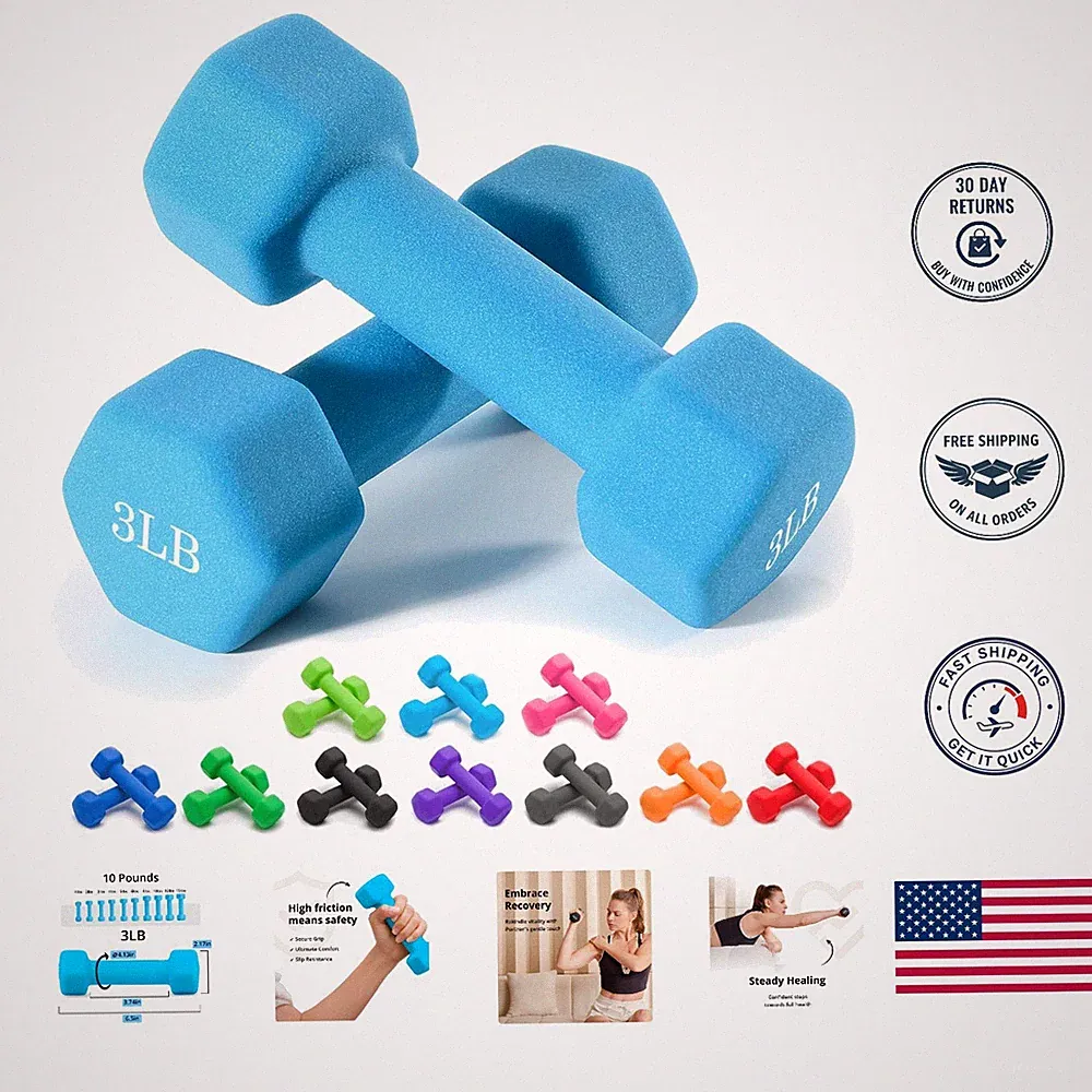 Vibrant Neoprene Dumbbell Pair, 1-15 LB - Non-Toxic Anti-Slip for Home Workouts