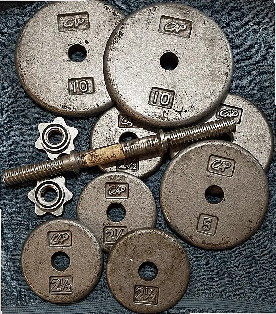 Vintage 14” Dumbbell Spin Lock Bar 40lbs Cap Circle Plates Wieghts (10,5,2.5)