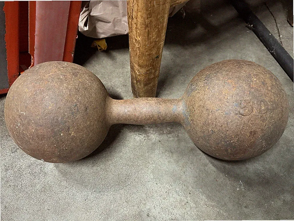 Vintage 50 lbs Dumbbell Embossed 50 Globe Head Cast Iron Strongman Weight