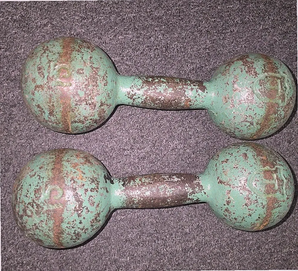 Vintage ANTIQUE Cast Iron DUMBBELLS Round GLOBE Ball 15lb HAND WEIGHT Barbell.