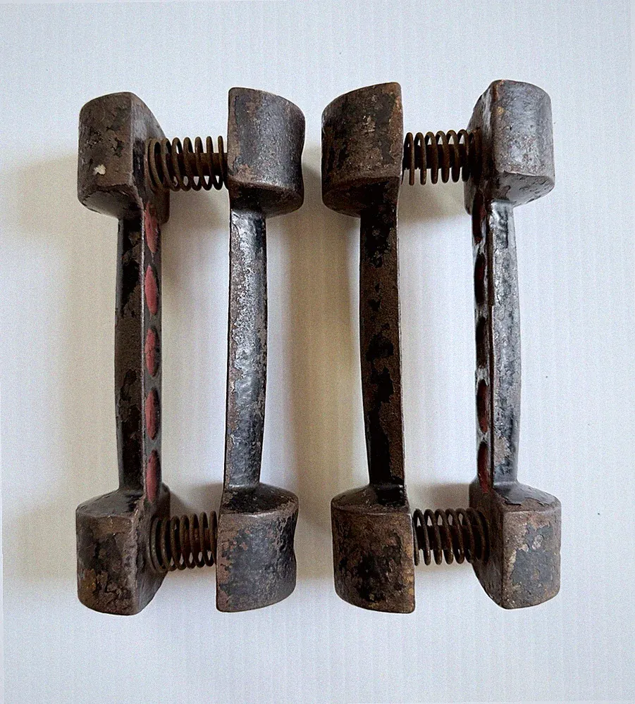 Vintage Antique Pair Of Cast Iron Spring Grip Dumbbells, 3lb Each