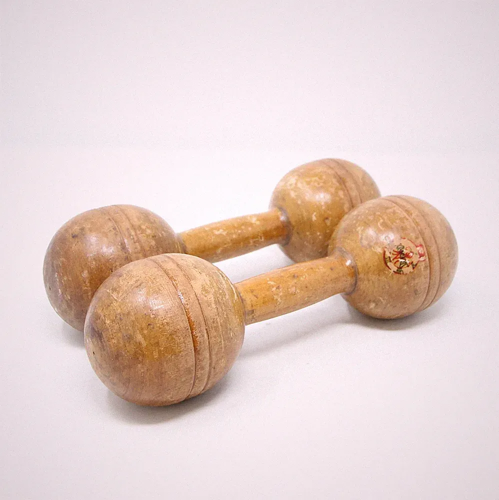 Vintage Antique Pair of Standard USA Wooden Wood Dumb Bells Dumbells Weights 1lb