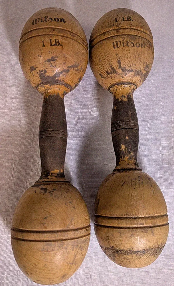Vintage Antique Wilson 1 lb Wooden Dumbells Dumbbells 1 Pound Wood Weights 11"