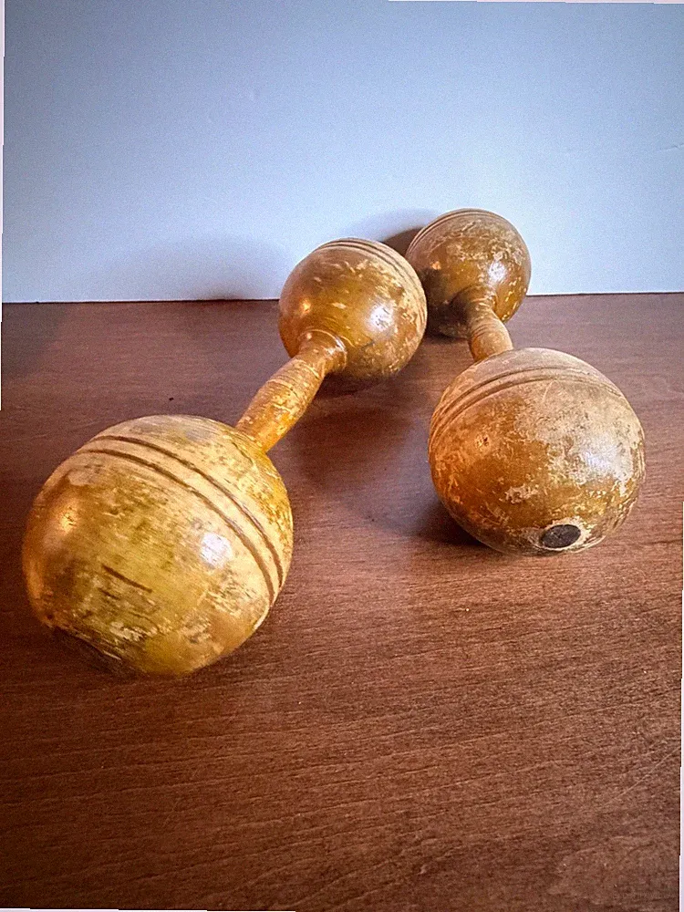 VINTAGE ANTIQUE WOOD WOODEN DUMBELL EXERCISE WEIGHTS 1920'S 1 LB
