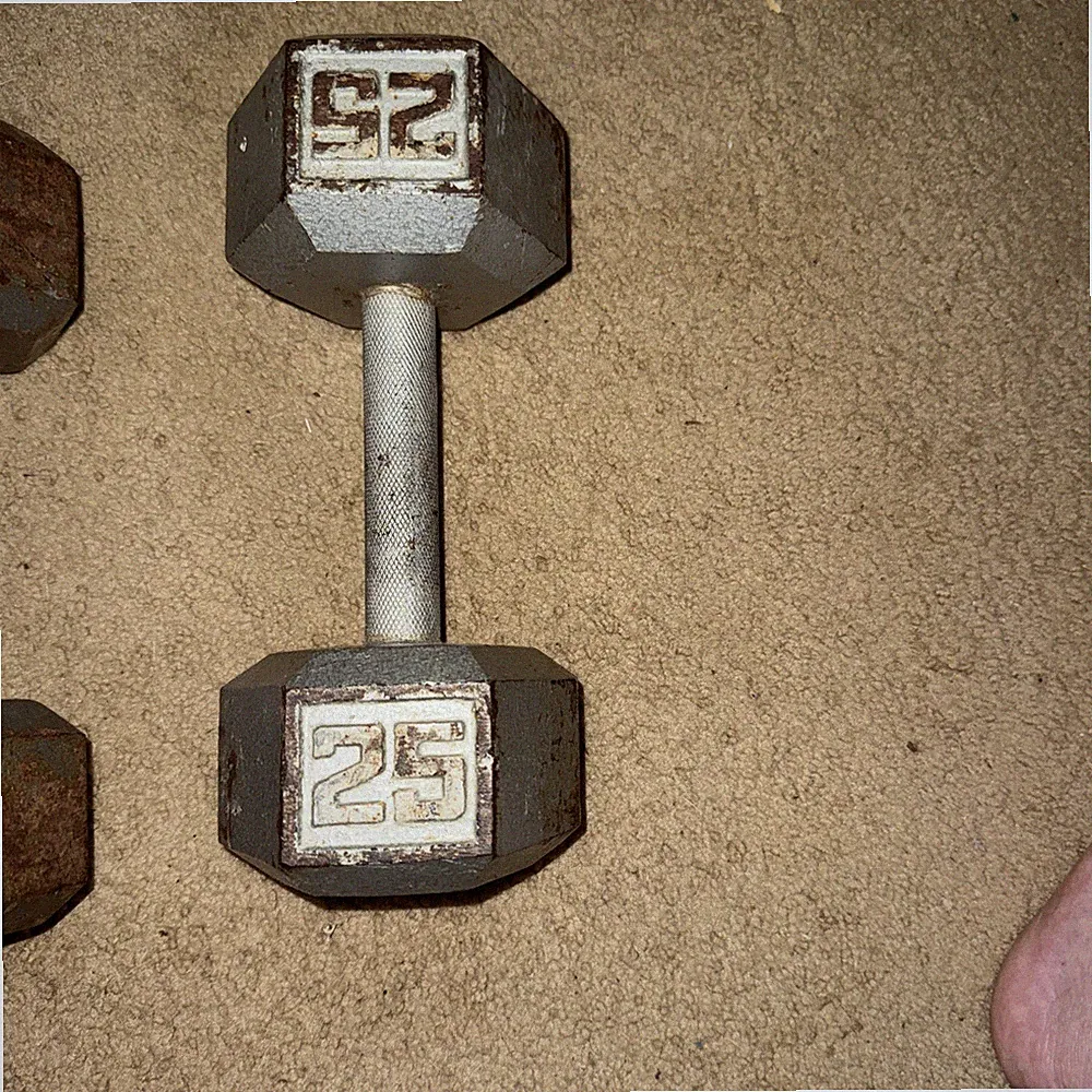 Vintage Cast-Iron 25 Pound Hex Dumbbells Weight Set of 2