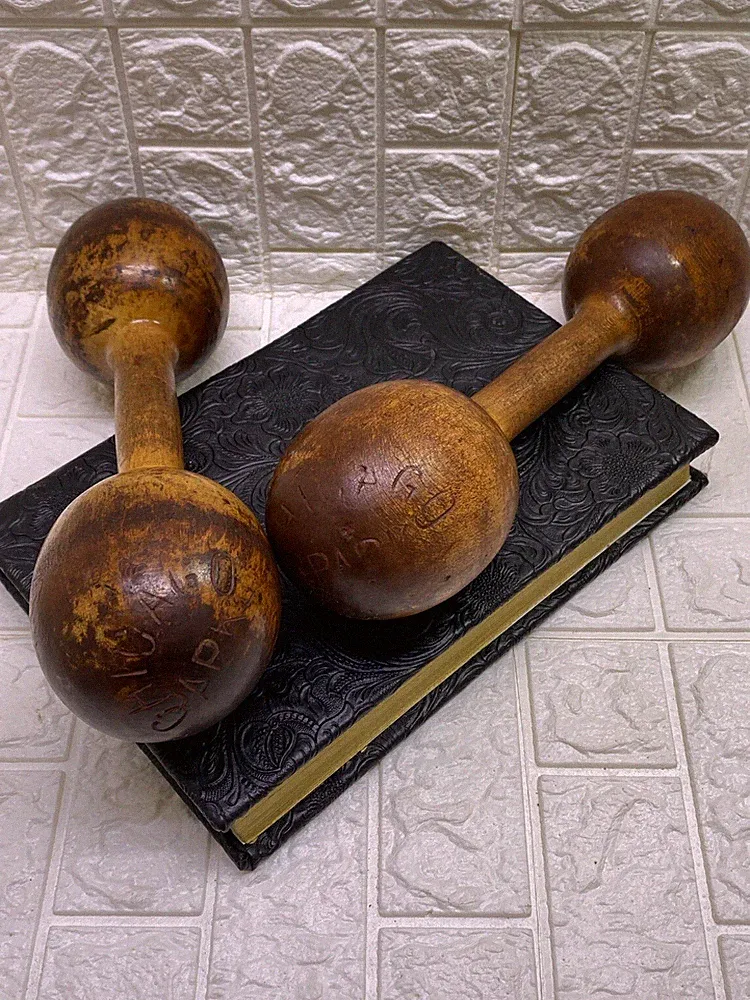 Vintage Dumbbells Two Wooden Chicago Park District Stamped 15.2 oz & 13.8 oz EC