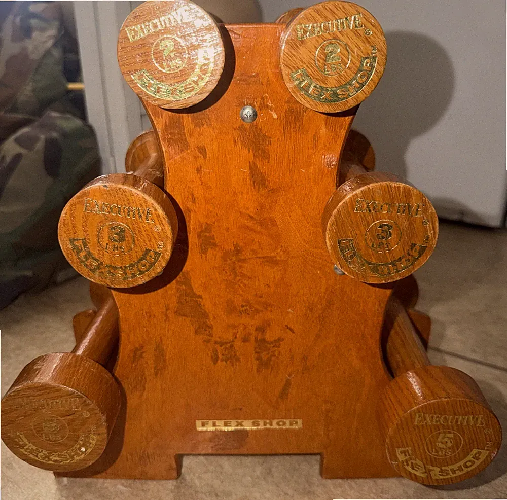 Vintage Executive Flex Shop Hand Dumbbell Weights Set 2/3/5 LBS Wood Grain USA