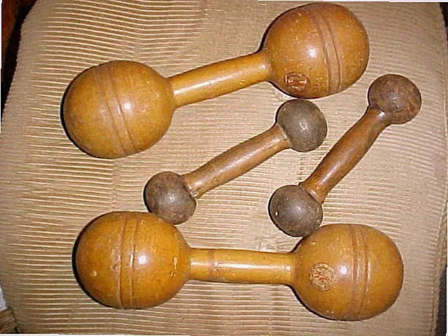VINTAGE GYM DUMBBELL SET WOOD HANDLES ANTIQUE