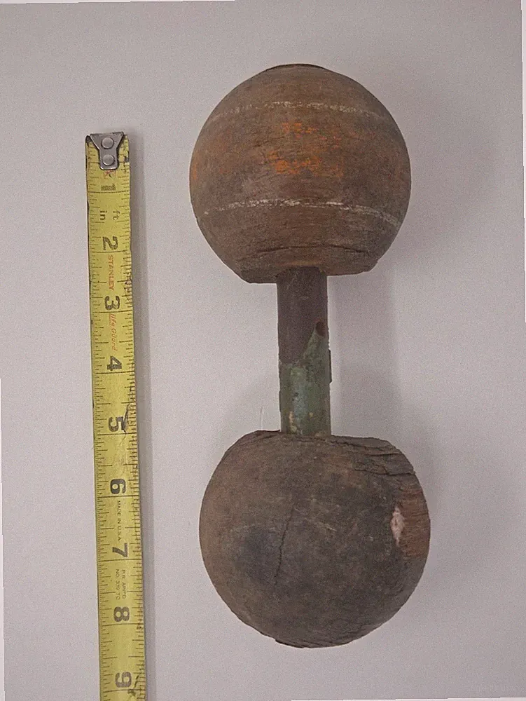 Vintage Handmade Wooden Dumbbell Exercise Weight Solid Wood Ball Ends RARE